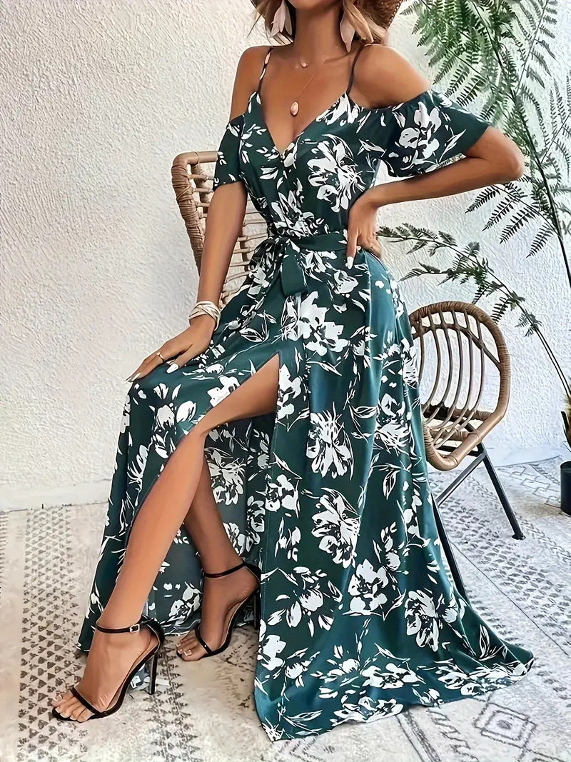 Robe Floral – Épaules Dénudées et Ceinture Élégante