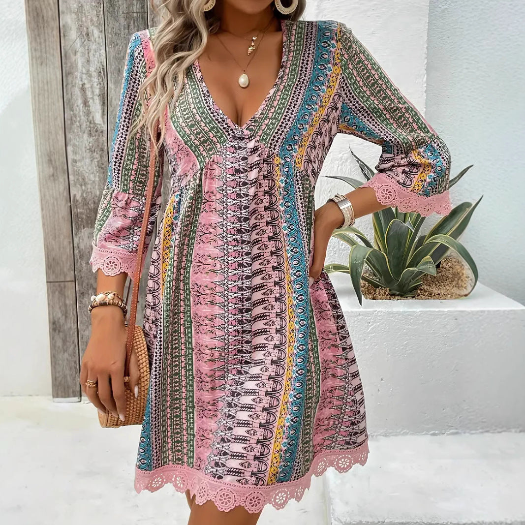 Robe Bohème Décolleté en V et Coupe Décontractée