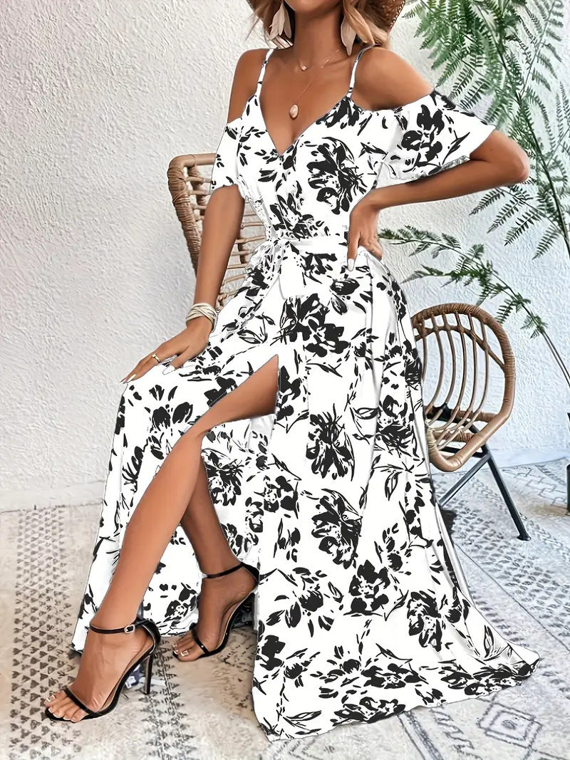 Robe Floral – Épaules Dénudées et Ceinture Élégante