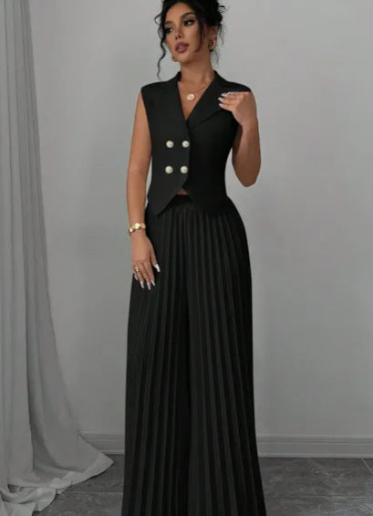 Ensemble Sans Manches – Gilet à Boutons et Pantalon Plissé Droit Chic d'Ét