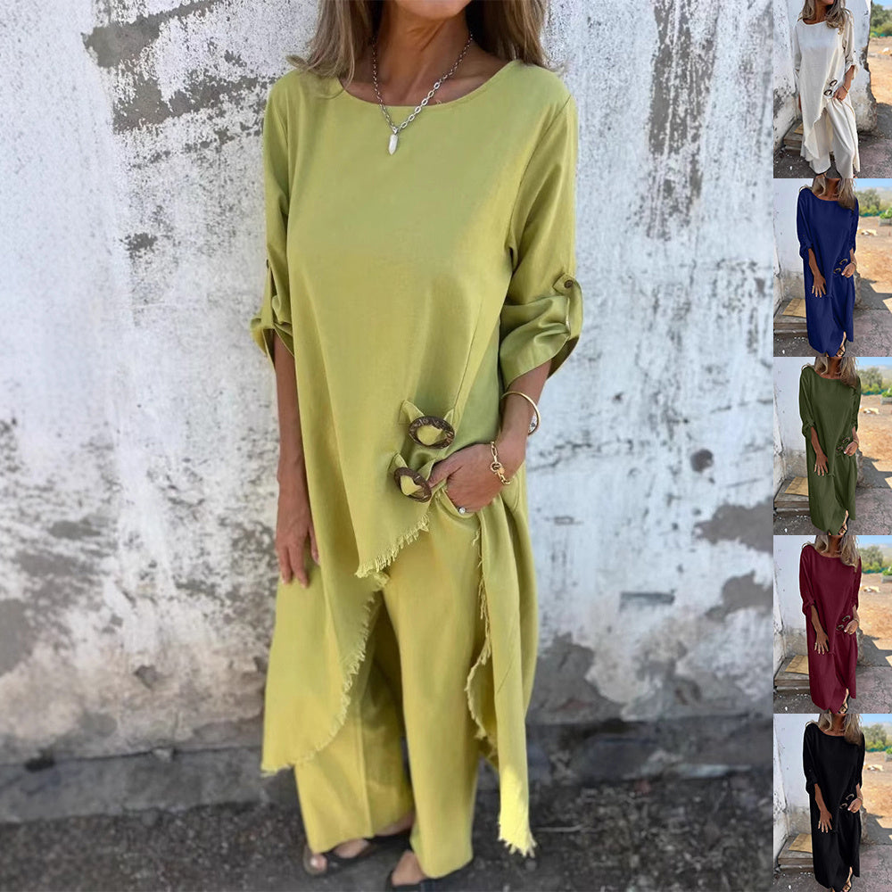 Ensemble Élégant Boutons Dorés & Pantalon Large