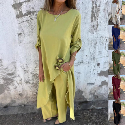 Ensemble Élégant Boutons Dorés & Pantalon Large