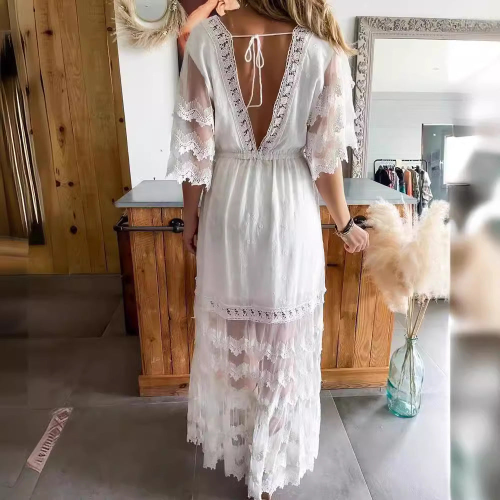 Robe Bohème Col en V avec Dentelle - FEMME FATALE