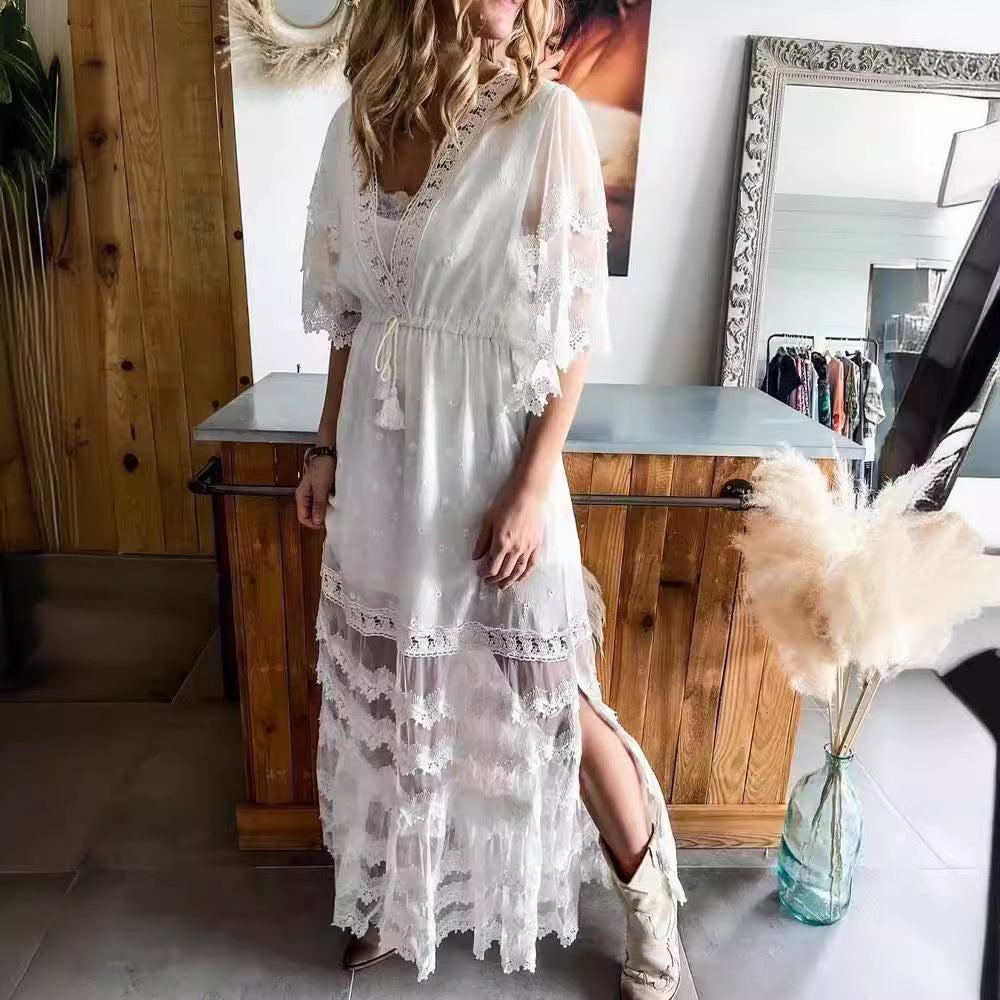 Robe Bohème Col en V avec Dentelle - FEMME FATALE