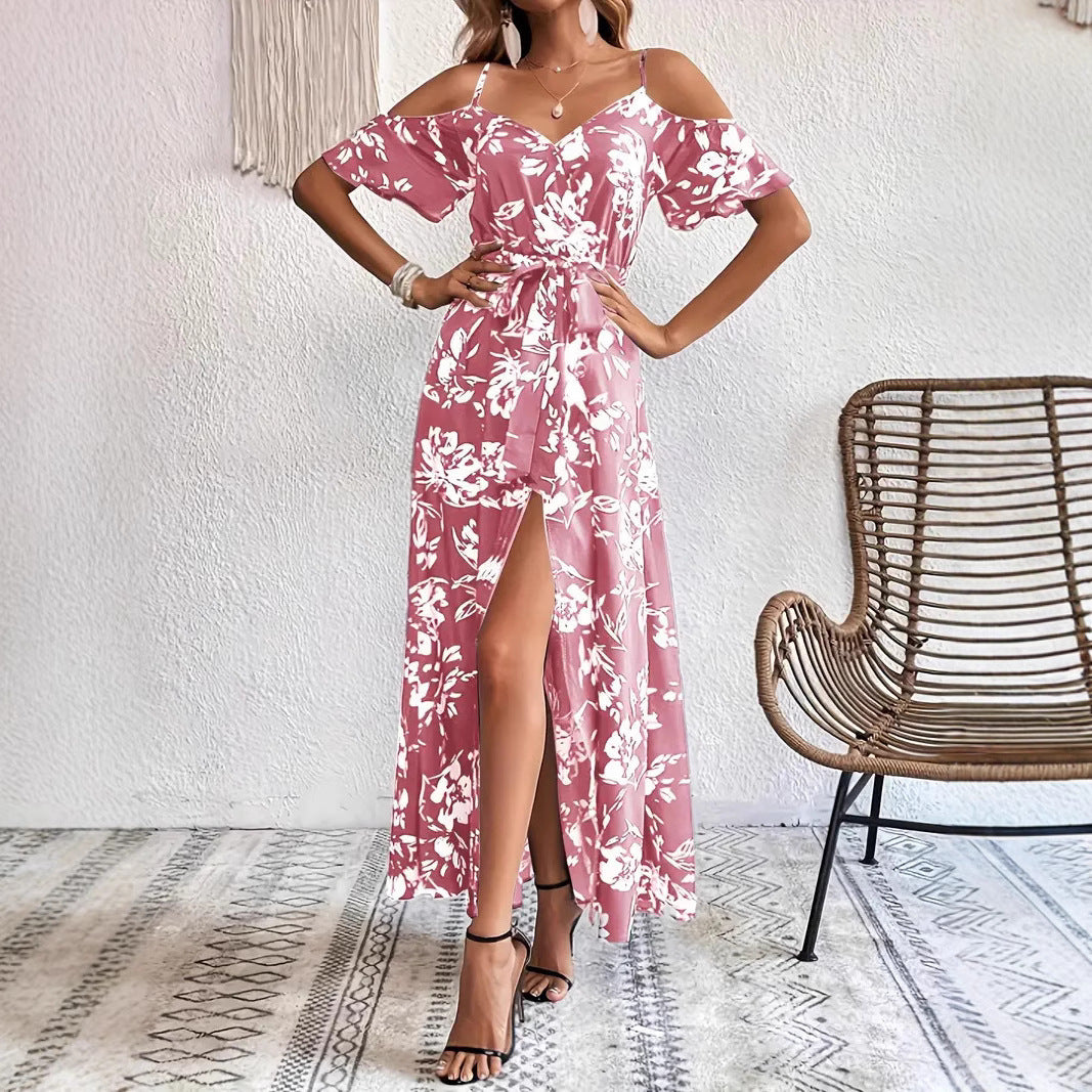 Robe Floral – Épaules Dénudées et Ceinture Élégante