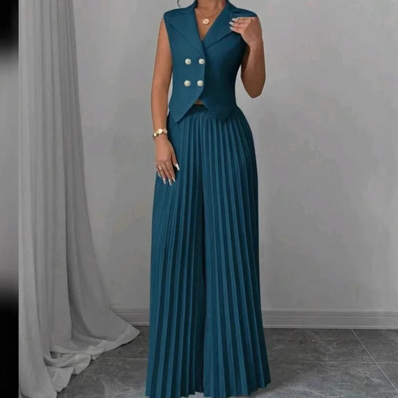 Ensemble Sans Manches – Gilet à Boutons et Pantalon Plissé Droit Chic d'Ét