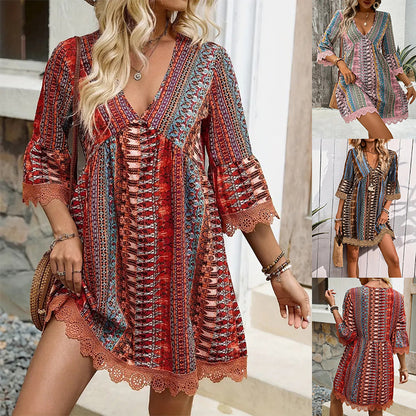 Robe Bohème Décolleté en V et Coupe Décontractée