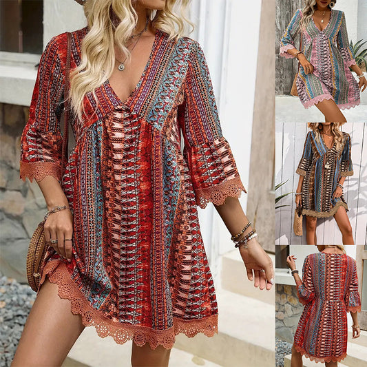 Robe Bohème Décolleté en V et Coupe Décontractée