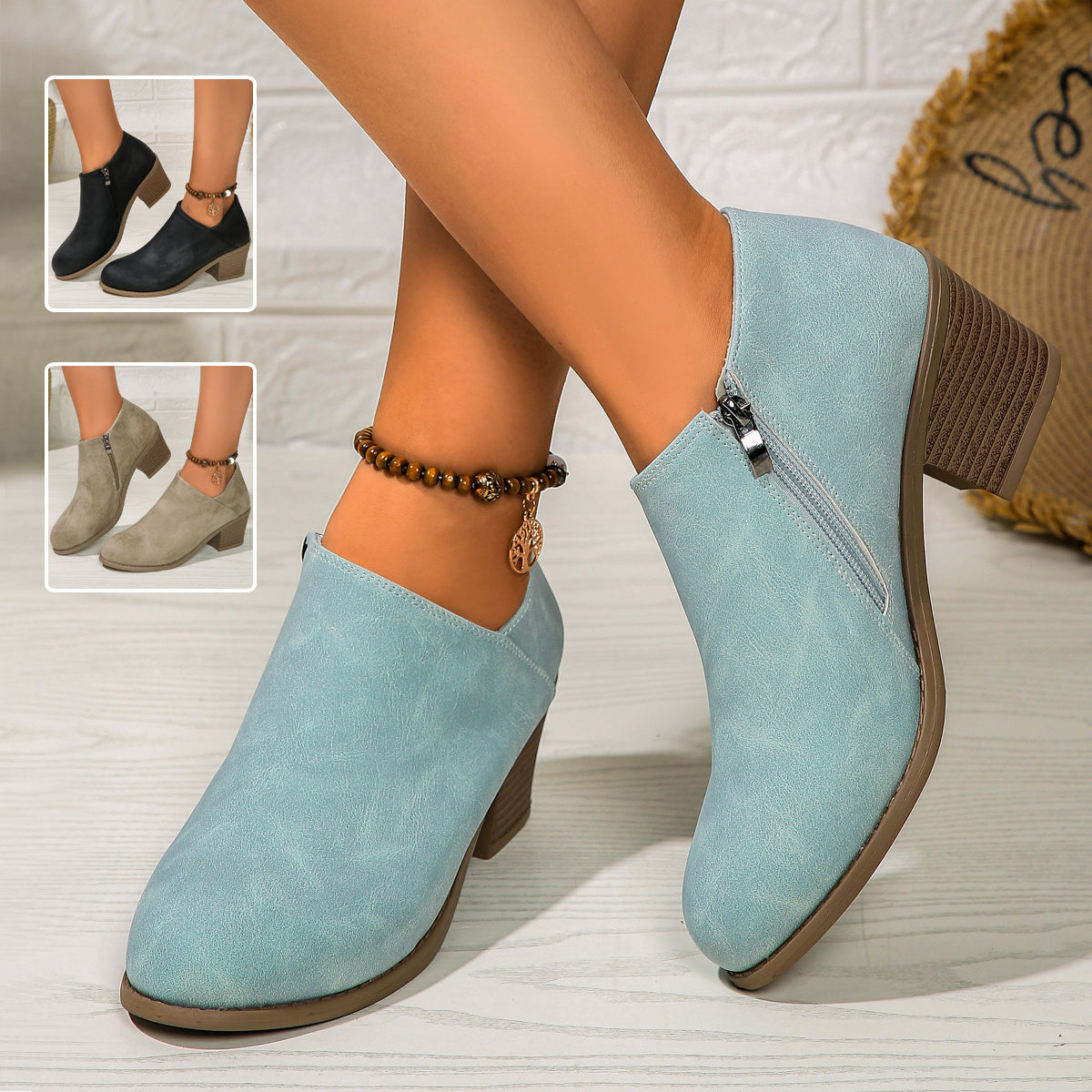 Bottes à talon épais avec fermeture éclair