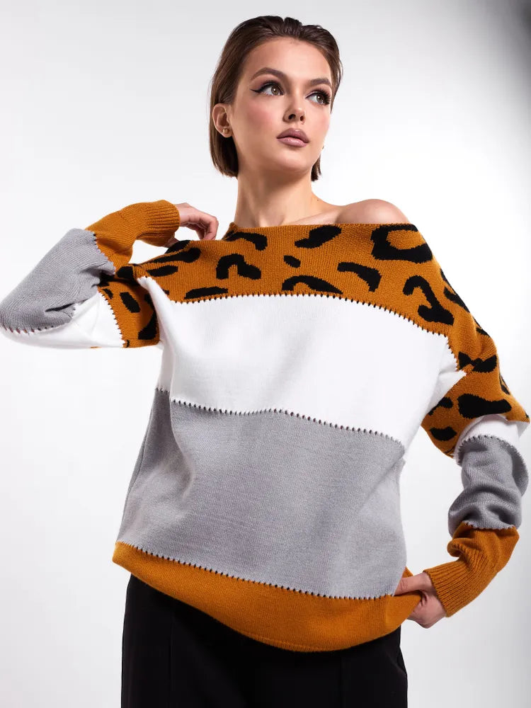 Pull Colorblock Léopard à Col Rond – Chic & Décontracté - FEMME FATALE