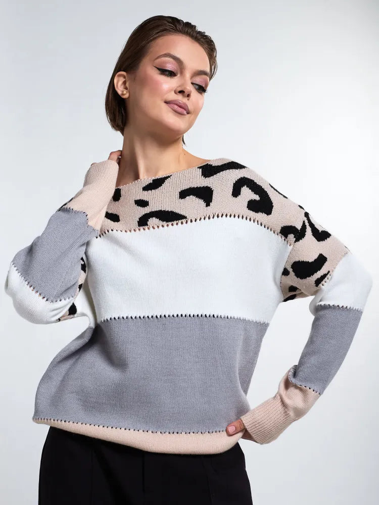 Pull Colorblock Léopard à Col Rond – Chic & Décontracté