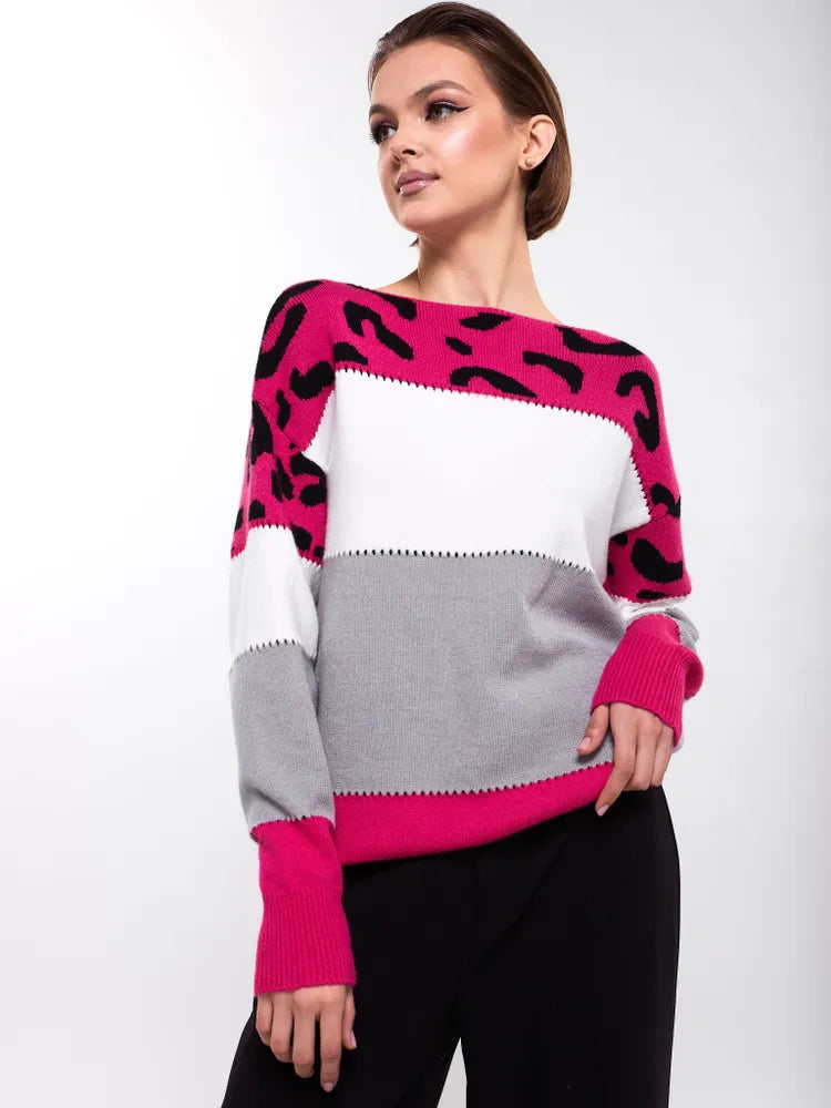 Pull Colorblock Léopard à Col Rond – Chic & Décontracté