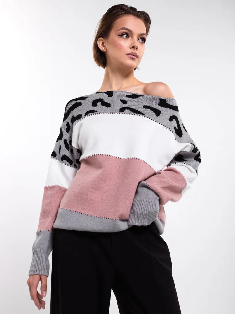 Pull Colorblock Léopard à Col Rond – Chic & Décontracté - FEMME FATALE