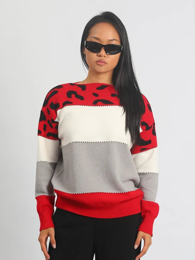 Pull Colorblock Léopard à Col Rond – Chic & Décontracté - FEMME FATALE