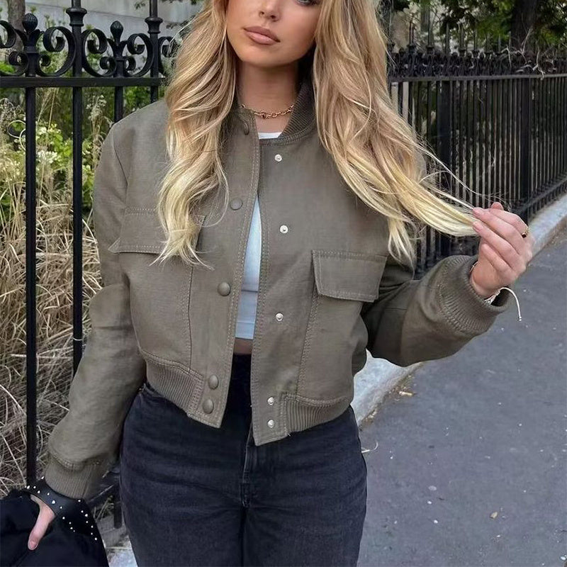 Veste Courte Casual à Col Montant et Poches