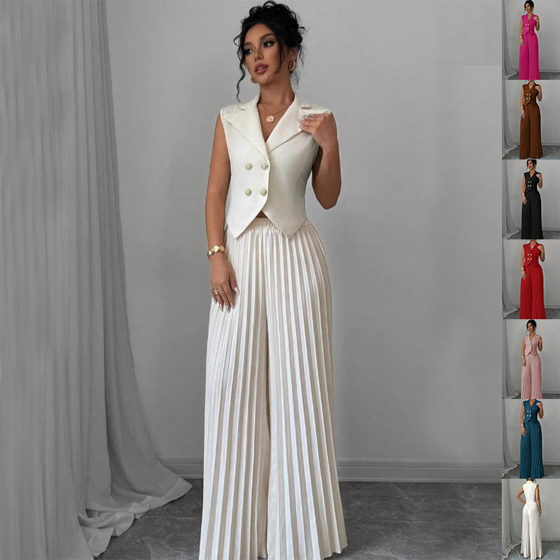 Ensemble Sans Manches – Gilet à Boutons et Pantalon Plissé Droit Chic d'Ét