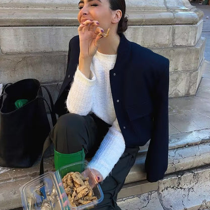 Veste Courte Casual à Col Montant et Poches