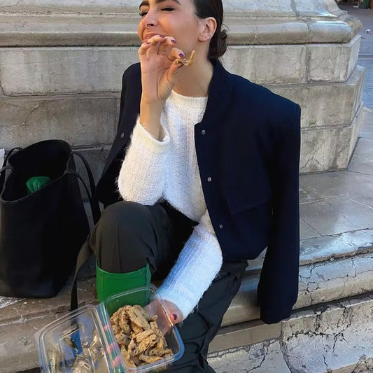 Veste Courte Casual à Col Montant et Poches