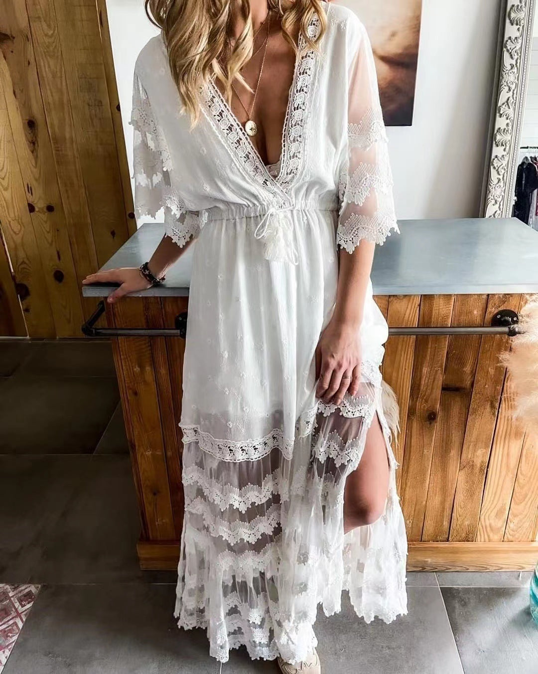 Robe Bohème Col en V avec Dentelle - FEMME FATALE