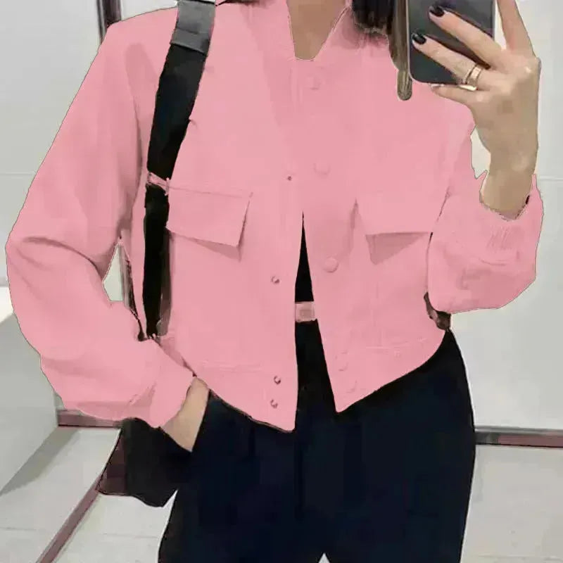 Veste Courte Casual à Col Montant et Poches
