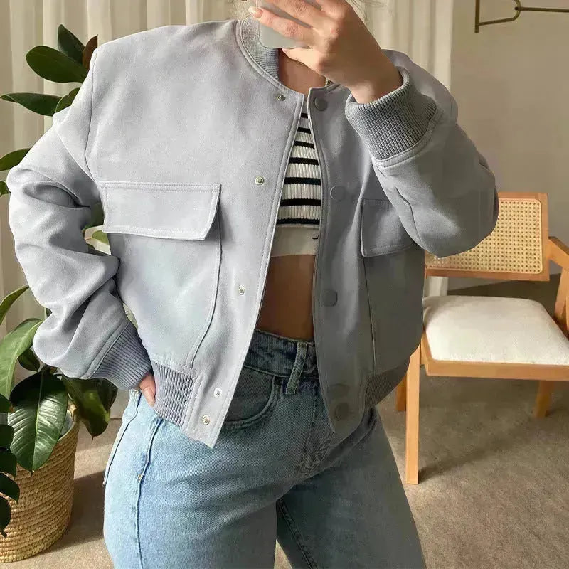 Veste Courte Casual à Col Montant et Poches