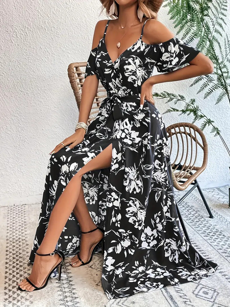 Robe Floral – Épaules Dénudées et Ceinture Élégante - FEMME FATALE