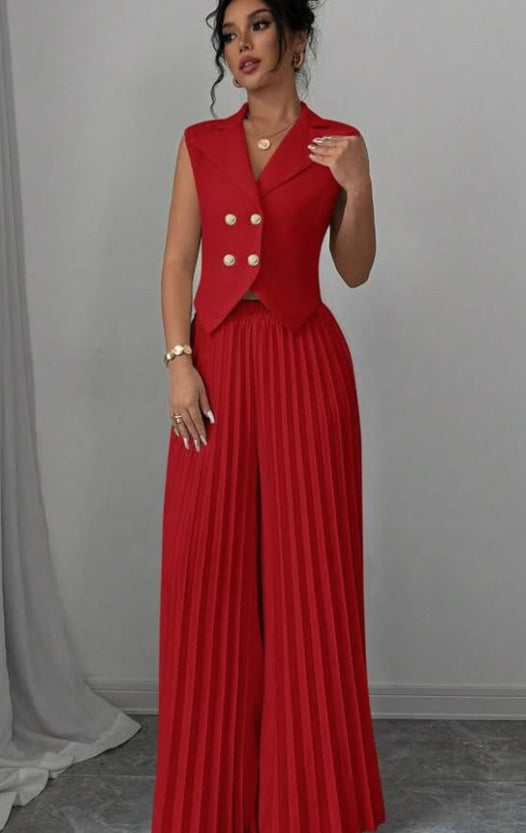 Ensemble Sans Manches – Gilet à Boutons et Pantalon Plissé Droit Chic d'Ét