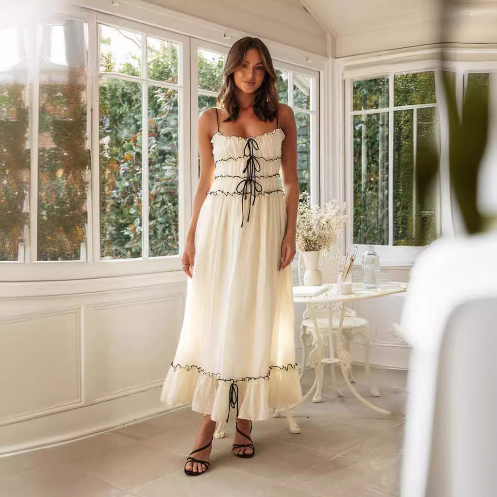 Robe longue  bretelles spaghetti avec nœud plissé - FEMME FATALE