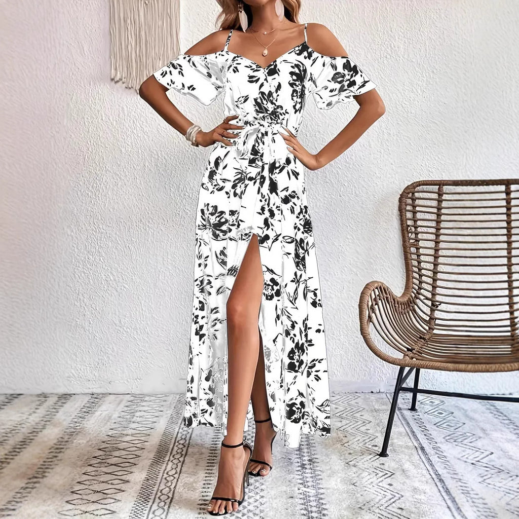 Robe Floral – Épaules Dénudées et Ceinture Élégante - FEMME FATALE