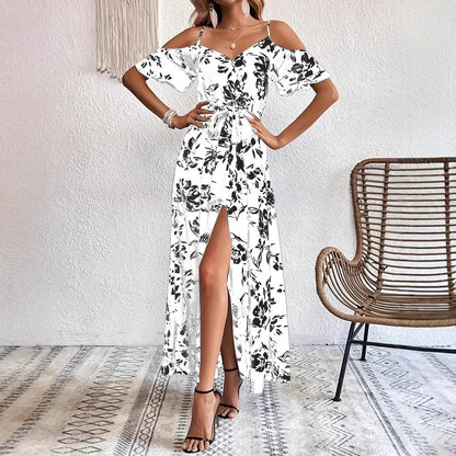 Robe Floral – Épaules Dénudées et Ceinture Élégante