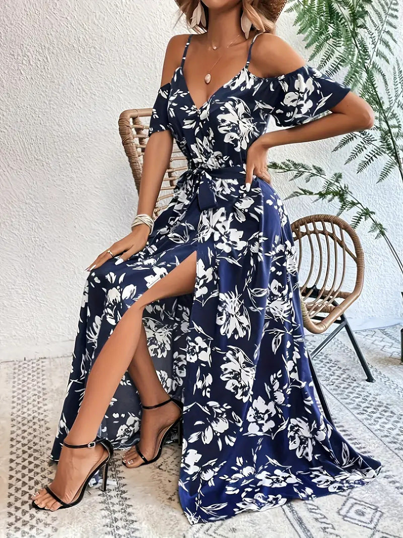 Robe Floral – Épaules Dénudées et Ceinture Élégante - FEMME FATALE