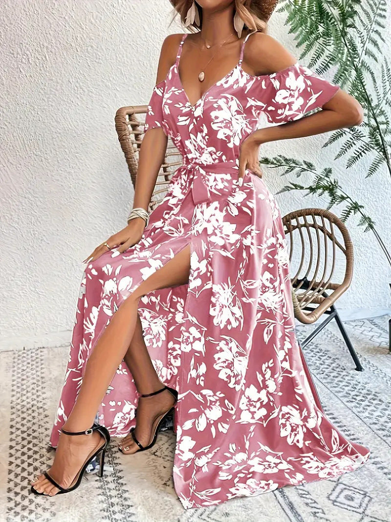 Robe Floral – Épaules Dénudées et Ceinture Élégante - FEMME FATALE