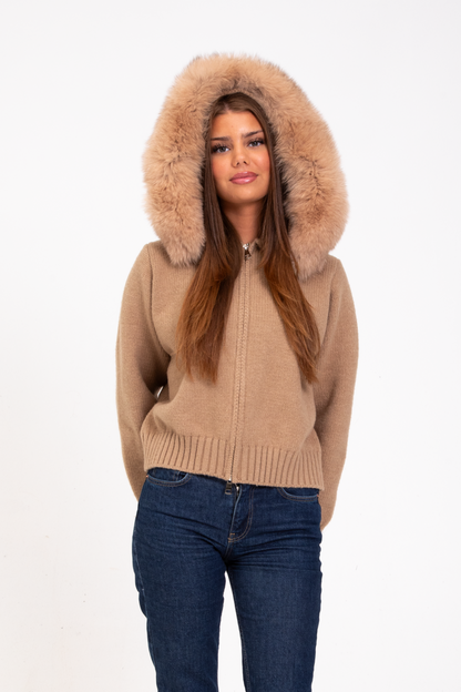 Veste Cardigan à Capuche en Fourrure