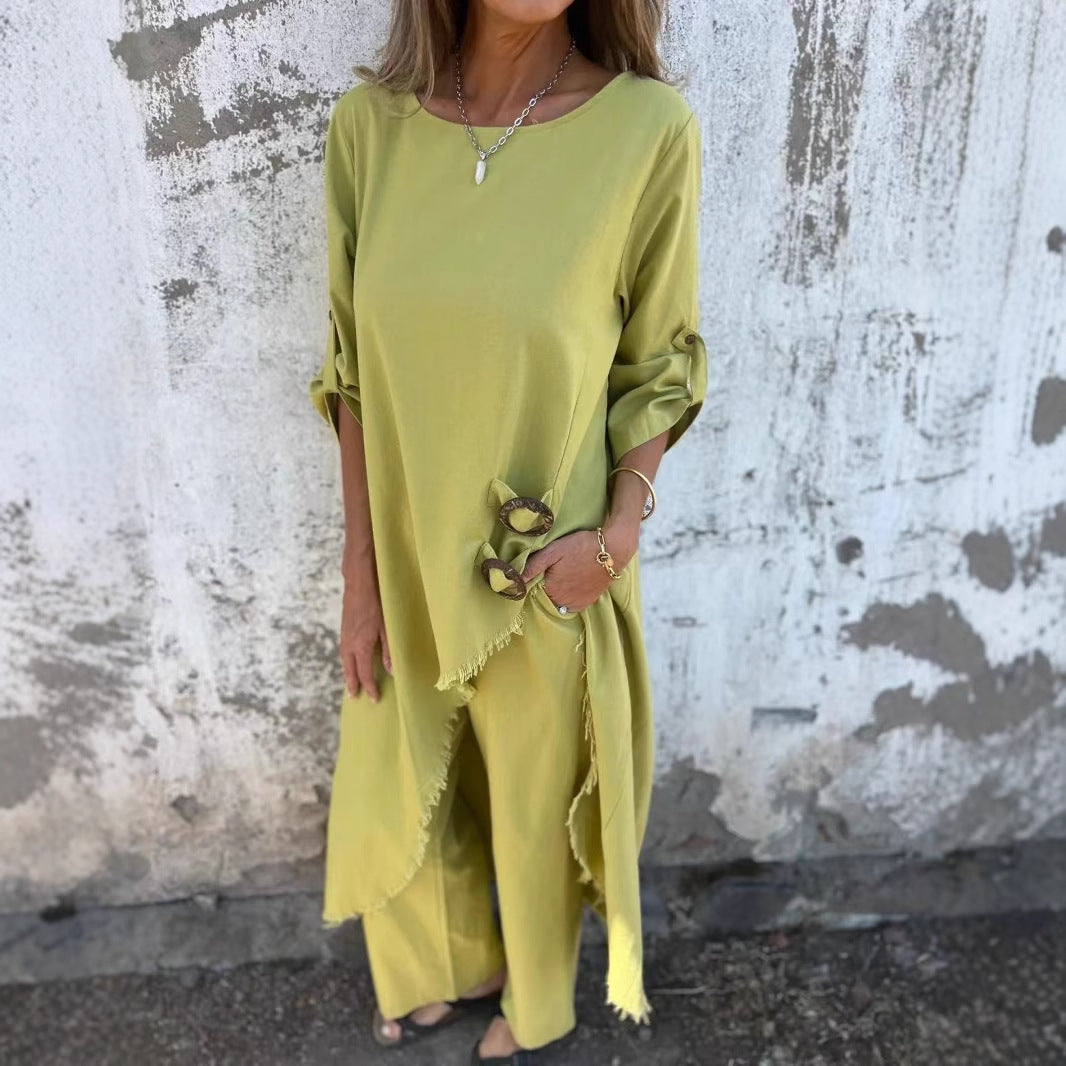 Ensemble Élégant Boutons Dorés & Pantalon Large