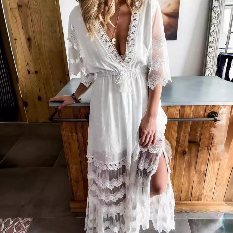 Robe Bohème Col en V avec Dentelle - FEMME FATALE