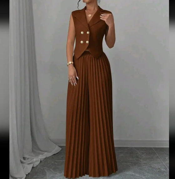 Ensemble Sans Manches – Gilet à Boutons et Pantalon Plissé Droit Chic d'Ét