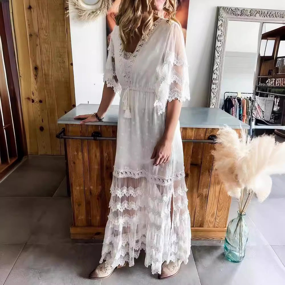 Robe Bohème Col en V avec Dentelle - FEMME FATALE